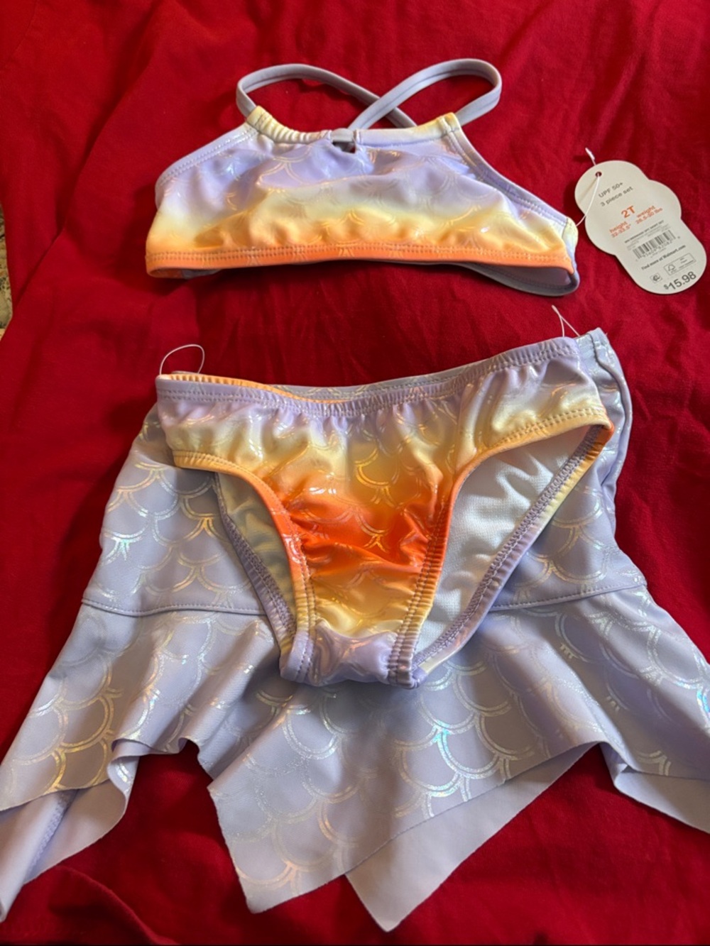 wonder nation Lavender and Orange Ombre Mermaid Three -Piece Swim Set